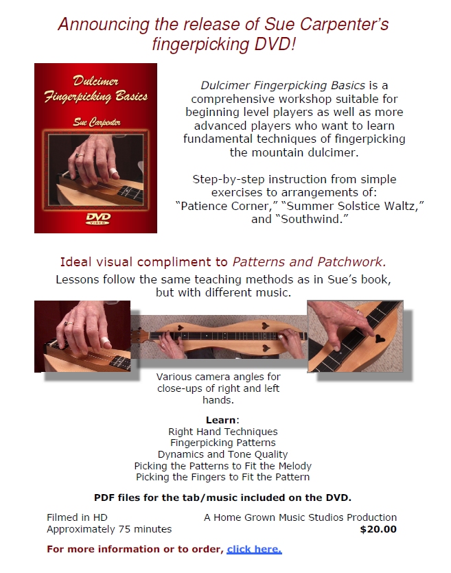 Sue Carpenter's new fingerpicking dulcimer training DVD workshop pdf